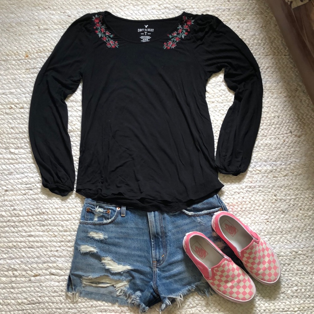 Embroidered American eagle black long sleeve shirt